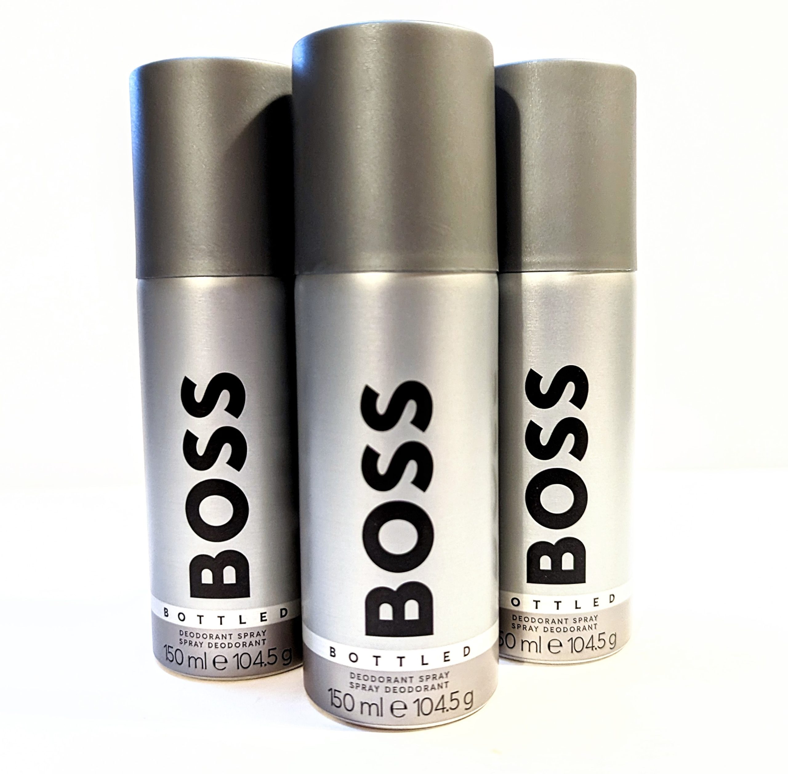 Three bottles of 3x Hugo Boss Bottled 150ml Deodorant Body Spray for Men on a white surface.