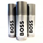 Three bottles of 3x Hugo Boss Bottled 150ml Deodorant Body Spray for Men on a white background.