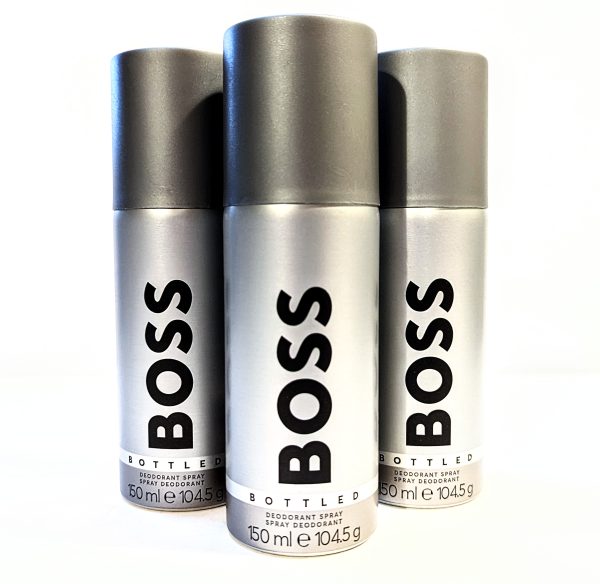 Three bottles of 3x Hugo Boss Bottled 150ml Deodorant Body Spray for Men on a white background.