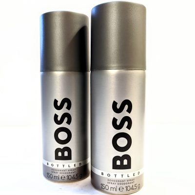 Three bottles of Hugo Boss Bottled 150ml Deodorant Body Spray for Men on a white background.