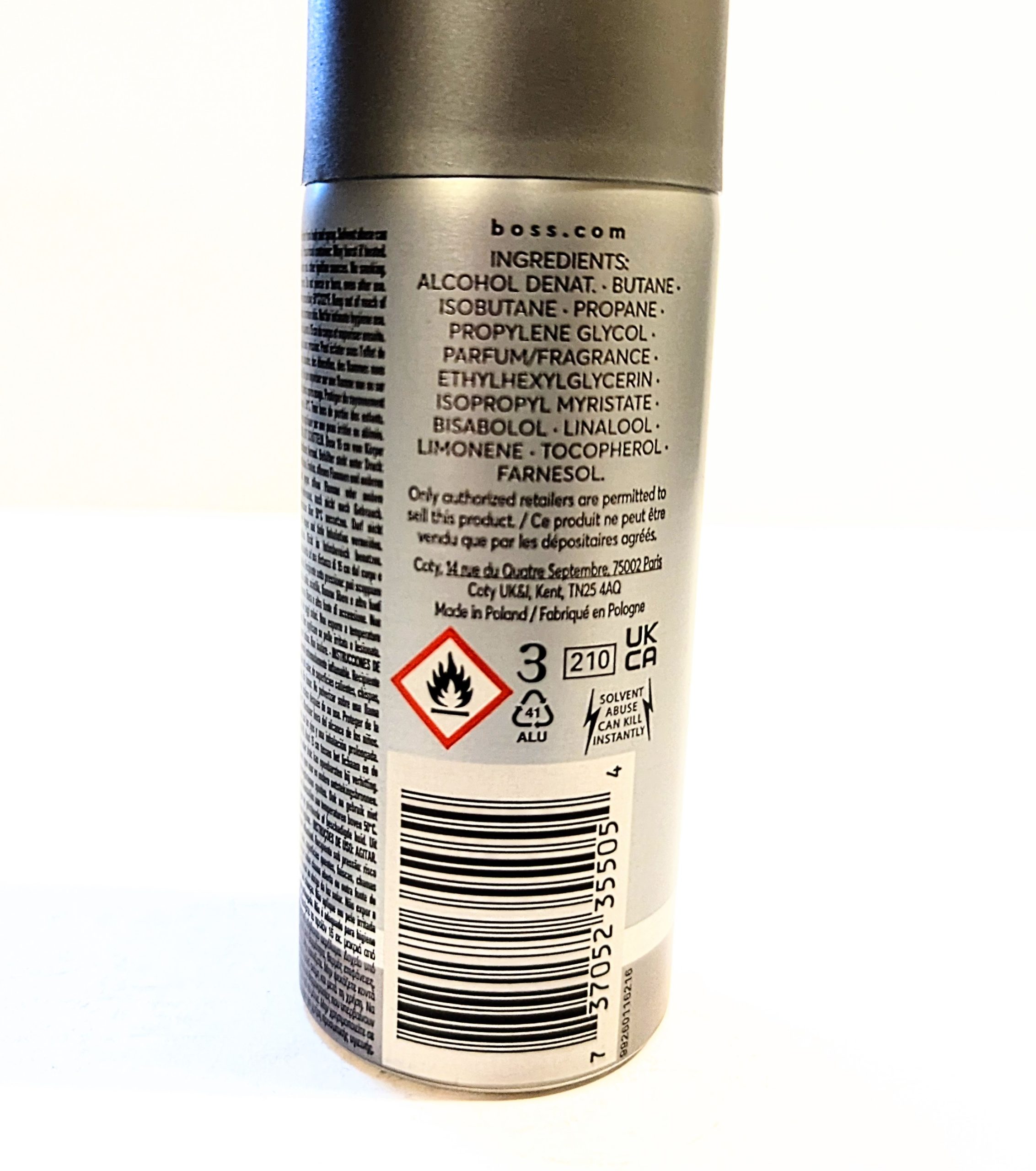 A can of Hugo Boss Bottled Deodorant Body Spray for Men on a white background.