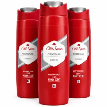 Three red plastic 400 ml XL bottles of 3x Old Spice Shower Gel for Men with silver caps and white product labels.
