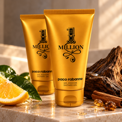 Two gold tubes of 2x Paco Rabanne 1 Million Shower Gel for Men 150ml, Body Wash for Men are on marble with lemon, green leaves, wood, and amber stones.
