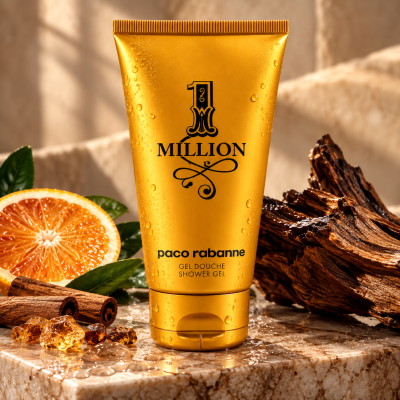 A gold tube of Paco Rabanne 1 Million Shower Gel for Men 150ml, Body Wash for Men sits on marble with an orange slice, wood, and amber resin nearby in warm light.