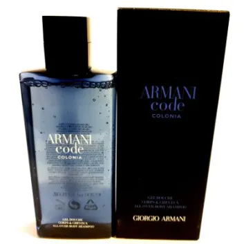 A bottle of Armani Code Colonia all-over body shampoo stands next to its black packaging box labeled with the product name and Giorgio Armani branding.