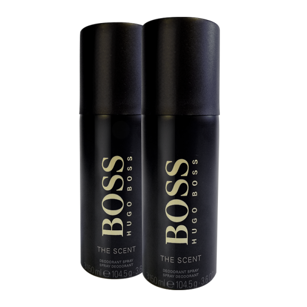 Two black cans of Hugo Boss "The Scent" deodorant spray with black caps, each labeled as 150 ml or 104.5 g (3.6 oz). Don't miss out on this Black Friday 2022 exclusive!
