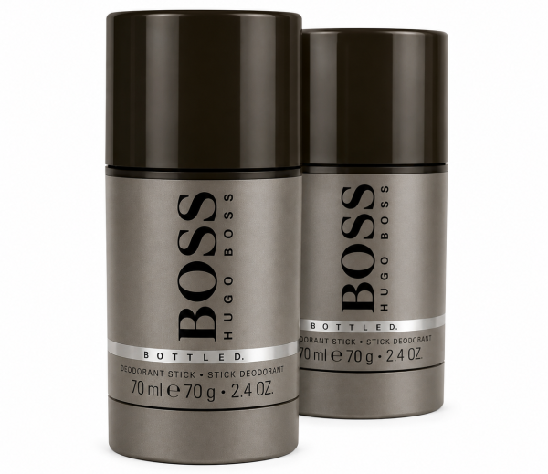 Two Hugo Boss Bottled deodorant sticks for men, each 75 mL, are standing upright on a plain white background.