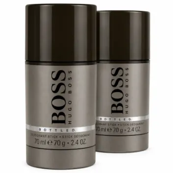 Two Hugo Boss Bottled deodorant sticks for men, each 75 mL, are standing upright on a plain white background.