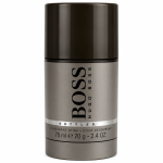 A cylindrical container of Hugo Boss Bottled deodorant stick for men, 75 ml, with a metallic gray body and a dark gray cap.