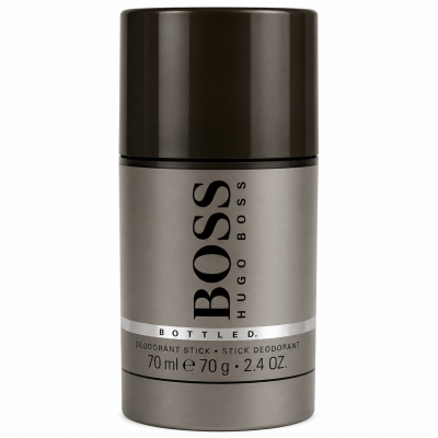 A cylindrical container of Hugo Boss Bottled deodorant stick for men, 75 ml, with a metallic gray body and a dark gray cap.