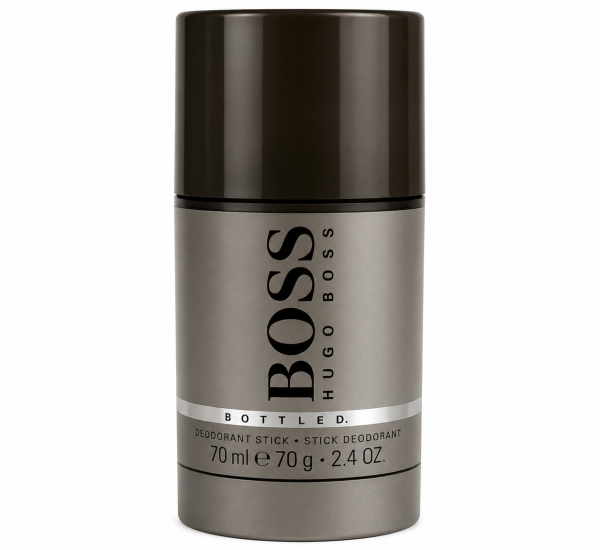 A cylindrical container of Hugo Boss Bottled deodorant stick for men, 75 ml, with a metallic gray body and a dark gray cap.