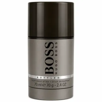 A cylindrical container of Hugo Boss Bottled deodorant stick for men, 75 ml, with a metallic gray body and a dark gray cap.