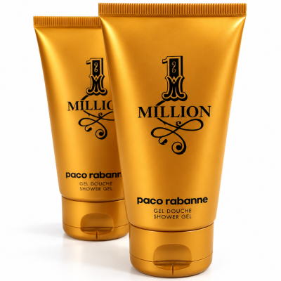 Two tubes of 2x Paco Rabanne 1 Million Shower Gel for Men 150ml, Body Wash for Men, stand upright on a white background.