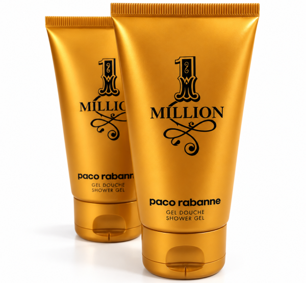 Two tubes of 2x Paco Rabanne 1 Million Shower Gel for Men 150ml, Body Wash for Men, stand upright on a white background.