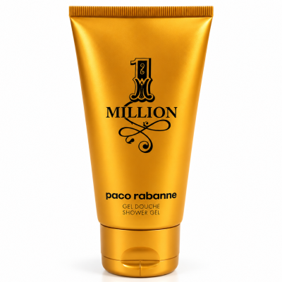 A gold tube of Paco Rabanne 1 Million Shower Gel for Men 150ml, Body Wash for Men, with black text and a flip-top cap, standing upright on a white background.