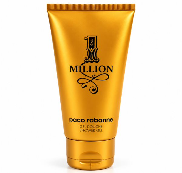 A gold tube of Paco Rabanne 1 Million Shower Gel for Men 150ml, Body Wash for Men, with black text and a flip-top cap, standing upright on a white background.