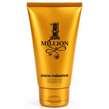 A gold tube of Paco Rabanne 1 Million Shower Gel for Men 150ml, Body Wash for Men, with black text and a flip-top cap, standing upright on a white background.