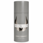 Two gray cylindrical cans of Paco Rabanne Invictus Deodorant for Men 150ml body spray, featuring the brand name, wing graphic, and product details on the front.