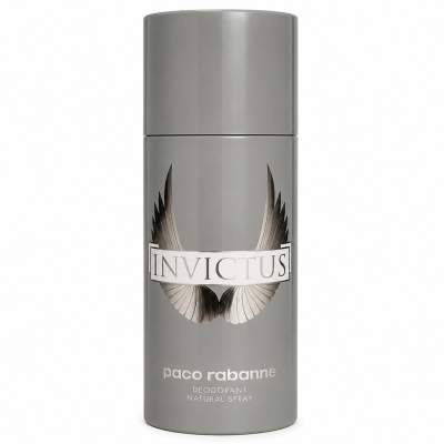 Two gray cylindrical cans of Paco Rabanne Invictus Deodorant for Men 150ml body spray, featuring the brand name, wing graphic, and product details on the front.