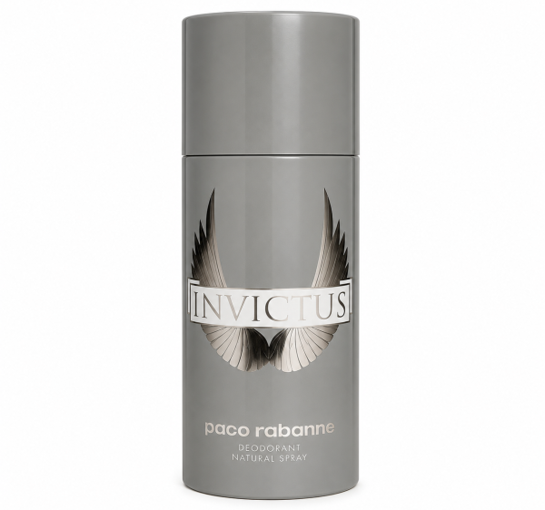Two gray cylindrical cans of Paco Rabanne Invictus Deodorant for Men 150ml body spray, featuring the brand name, wing graphic, and product details on the front.