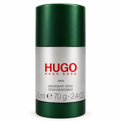 A green and silver Hugo Boss deodorant stick labeled “Hugo Man Deodorant Stick for Men 75ml, Anti-perspirant Spray,” featuring a 75 ml capacity, is displayed on a white background.