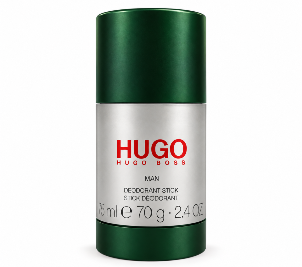 A green and silver Hugo Boss deodorant stick labeled “Hugo Man Deodorant Stick for Men 75ml, Anti-perspirant Spray,” featuring a 75 ml capacity, is displayed on a white background.