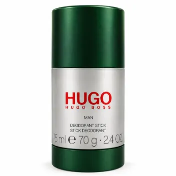 A green and silver Hugo Boss deodorant stick labeled “Hugo Man Deodorant Stick for Men 75ml, Anti-perspirant Spray,” featuring a 75 ml capacity, is displayed on a white background.