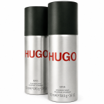 Two silver cans of Hugo by Hugo Boss Man Deodorant Spray for men, each with a black cap and red "HUGO" branding, containing 150 ml (5.0 fl oz) of anti-perspirant spray, are placed side by side on a white background.