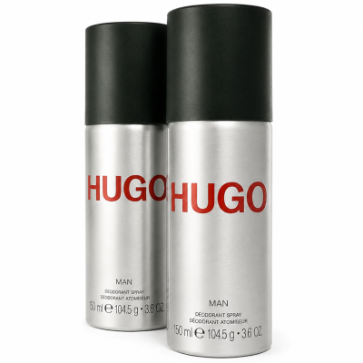Two silver cans of Hugo by Hugo Boss Man Deodorant Spray for men, each with a black cap and red "HUGO" branding, containing 150 ml (5.0 fl oz) of anti-perspirant spray, are placed side by side on a white background.