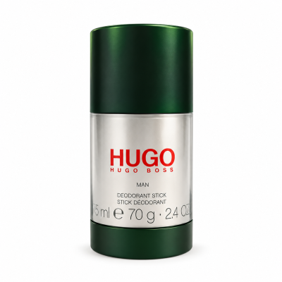 A 75ml cylindrical Hugo Man Deodorant Stick for Men by Hugo Boss, featuring a green cap and base, is displayed against a white background.