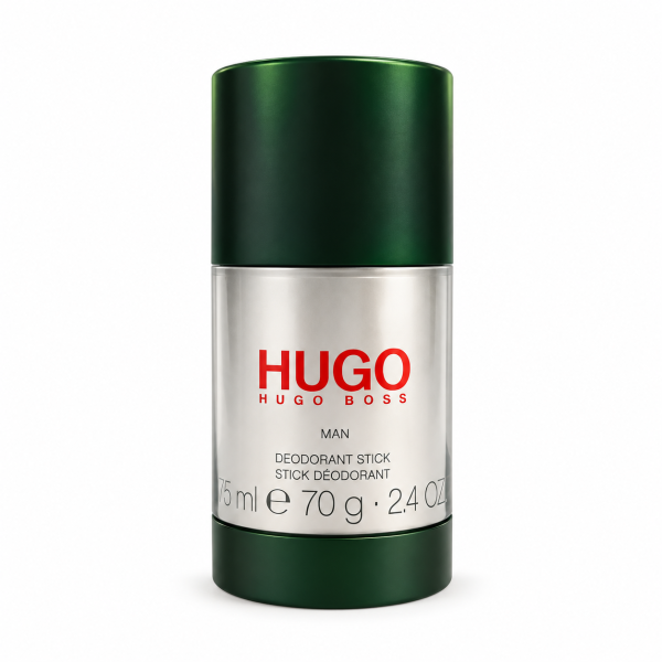 A 75ml cylindrical Hugo Man Deodorant Stick for Men by Hugo Boss, featuring a green cap and base, is displayed against a white background.