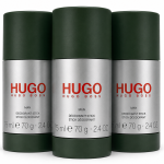Three green cylindrical Hugo Boss "Hugo Man" deodorant sticks for men, each with a silver label and 75ml capacity, are arranged side by side.