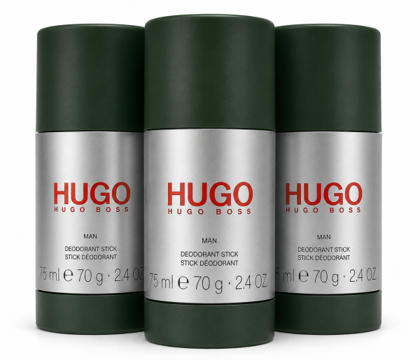 Three green cylindrical Hugo Boss "Hugo Man" deodorant sticks for men, each with a silver label and 75ml capacity, are arranged side by side.