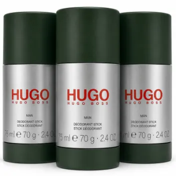 Three green cylindrical Hugo Boss "Hugo Man" deodorant sticks for men, each with a silver label and 75ml capacity, are arranged side by side.