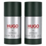Two "Hugo Man" deodorant sticks for men by Hugo Boss, each 75ml, featuring dark green caps and silver bodies, are placed side by side.