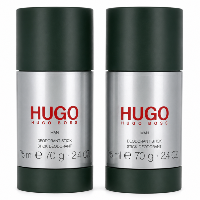 Two "Hugo Man" deodorant sticks for men by Hugo Boss, each 75ml, featuring dark green caps and silver bodies, are placed side by side.