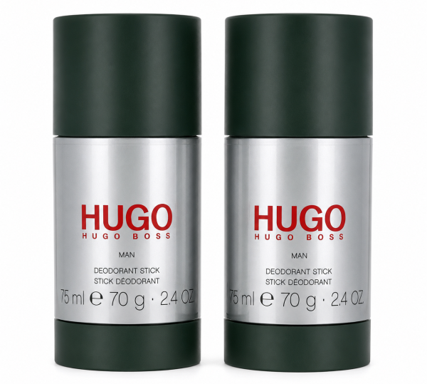 Two "Hugo Man" deodorant sticks for men by Hugo Boss, each 75ml, featuring dark green caps and silver bodies, are placed side by side.
