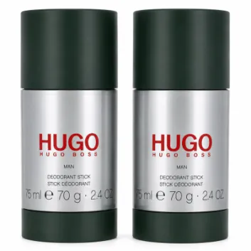 Two "Hugo Man" deodorant sticks for men by Hugo Boss, each 75ml, featuring dark green caps and silver bodies, are placed side by side.