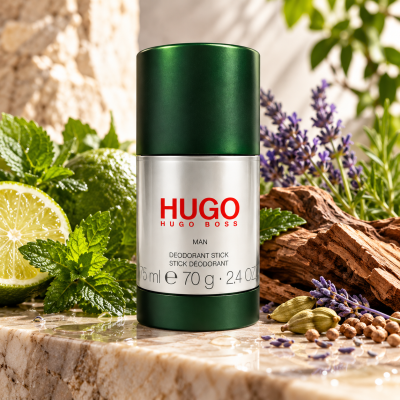 Hugo Man Deodorant Stick for Men 75ml by Hugo Boss, Anti-perspirant Spray, displayed on a stone surface with lime, lavender, cardamom, and wood in the background.