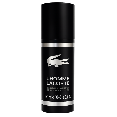 A black cylindrical spray can labeled "Lacoste L'Homme" with a crocodile logo, containing 150 ml of deodorant anti-perspirant spray for men.