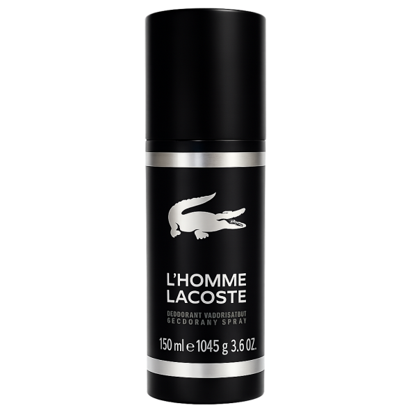 A black cylindrical spray can labeled "Lacoste L'Homme" with a crocodile logo, containing 150 ml of deodorant anti-perspirant spray for men.