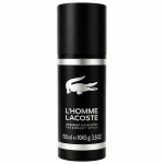 A 150ml black spray can of Lacoste L'Homme Deodorant Anti-perspirant for Men, featuring a white crocodile logo and text on the front.