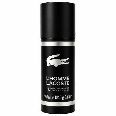 A 150ml black spray can of Lacoste L'Homme Deodorant Anti-perspirant for Men, featuring a white crocodile logo and text on the front.