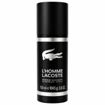 A 150ml black spray can of Lacoste L'Homme Deodorant Anti-perspirant for Men, featuring a white crocodile logo and text on the front.
