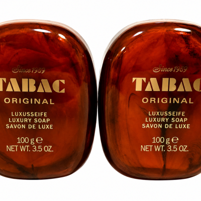 Two brown oval bars of Mäurer & Wirtz Tabac Luxury Soap, each 100 grams, presented in a box and featuring gold text and branding on the front.