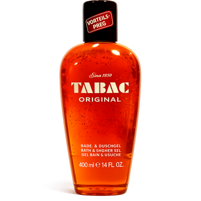 A 400 ml bottle of Tabac Original Shower Gel by Mäurer & Wirtz, a unisex product, featuring orange liquid, multilingual labeling, and a red "VORTEILS-PREG" sticker on the cap.