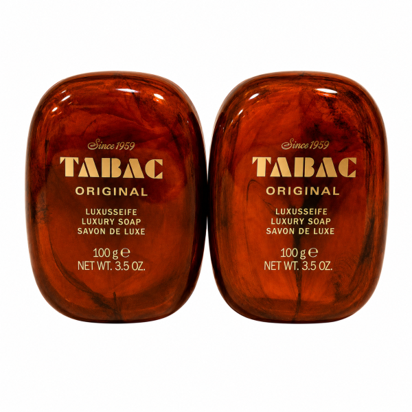 Two bars of Tabac Luxury Soap by Mäurer & Wirtz, each 100 grams, displayed side by side in their box against a white background.