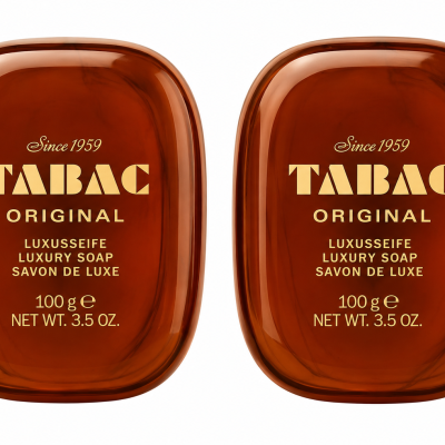 Two bars of Tabac Luxury Soap by Mäurer & Wirtz, each 100g, presented in a box with distinctive branding and product details.