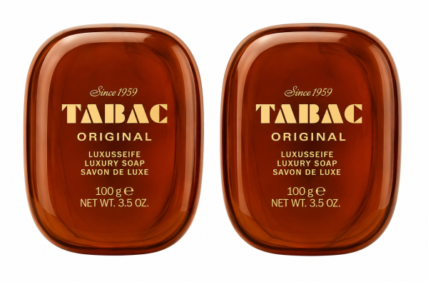 Two bars of Tabac Luxury Soap by Mäurer & Wirtz, each 100g, presented in a box with distinctive branding and product details.