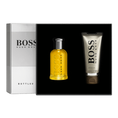 The Hugo Boss Bottled Gift Set includes a 50ml EDT and a 100ml shower gel, elegantly presented in a stylish black and silver box.